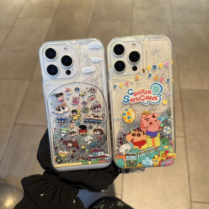 

Cute Cartoon Buriburizaemon train Crayon Shin-chan quicksand Bling Glitte Phone Case For iPhone 12 13 14 15 16 Pro Max Cover