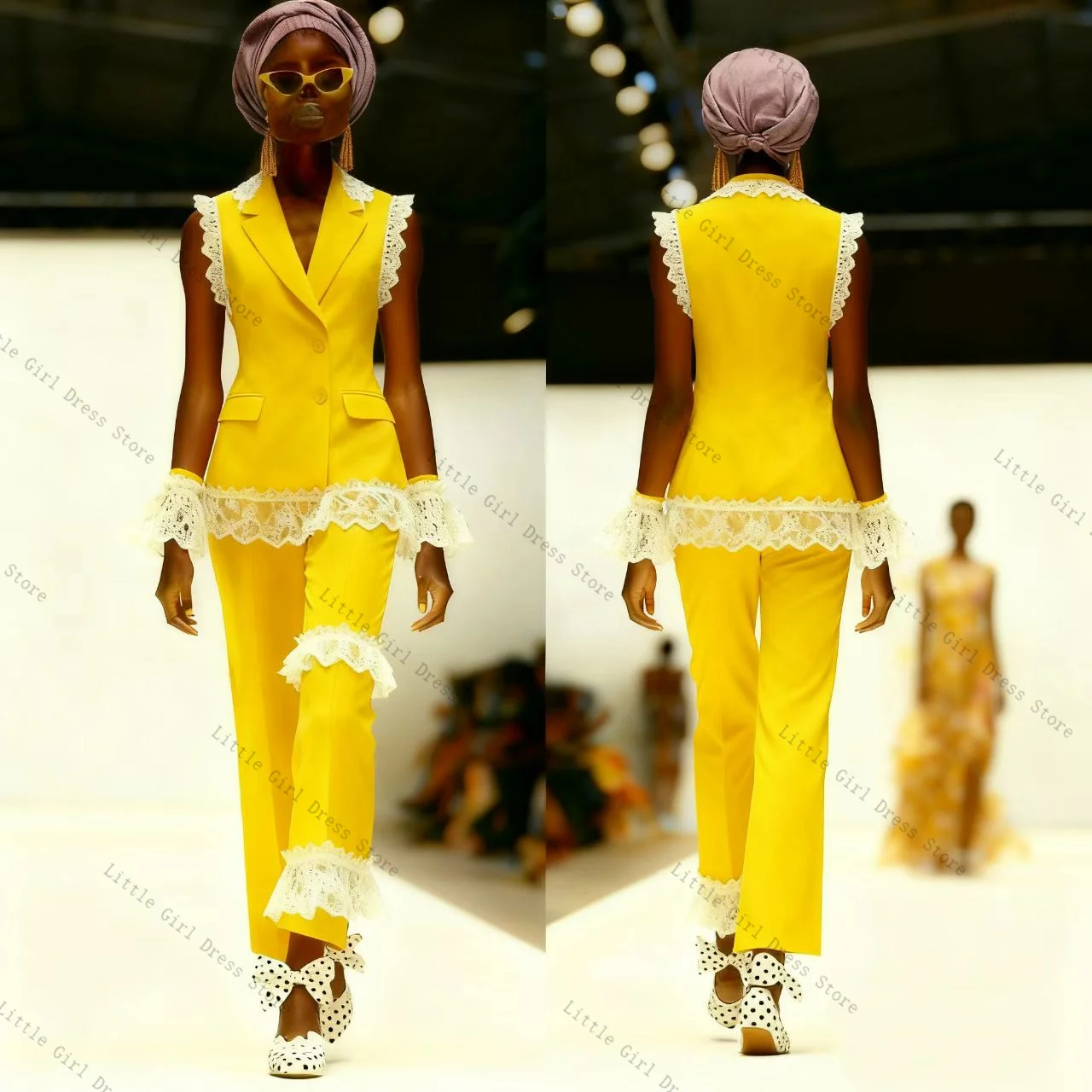 Conjunto de traje de encaje amarillo y blanco para mujer, chaleco de 2 piezas, pantalones, chaqueta Formal sin mangas para oficina, abrigo de boda para graduación personalizado