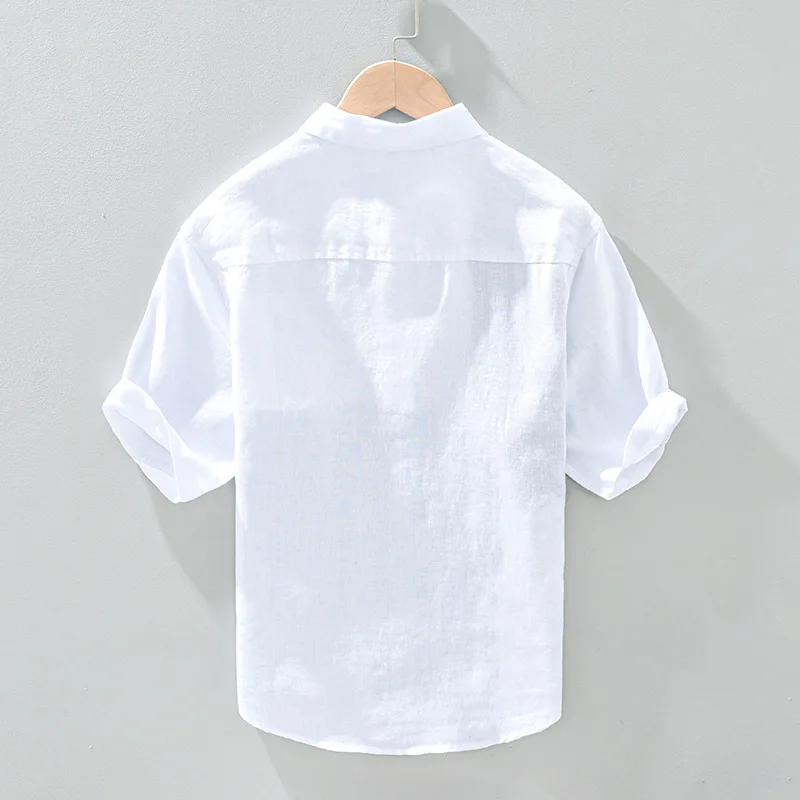 100% Linen Men's White Shirts Summer Fashion Asymmetric Plaid Patchwork High Quality Yarn-dyed Blouses Teens Casual Classic Tops