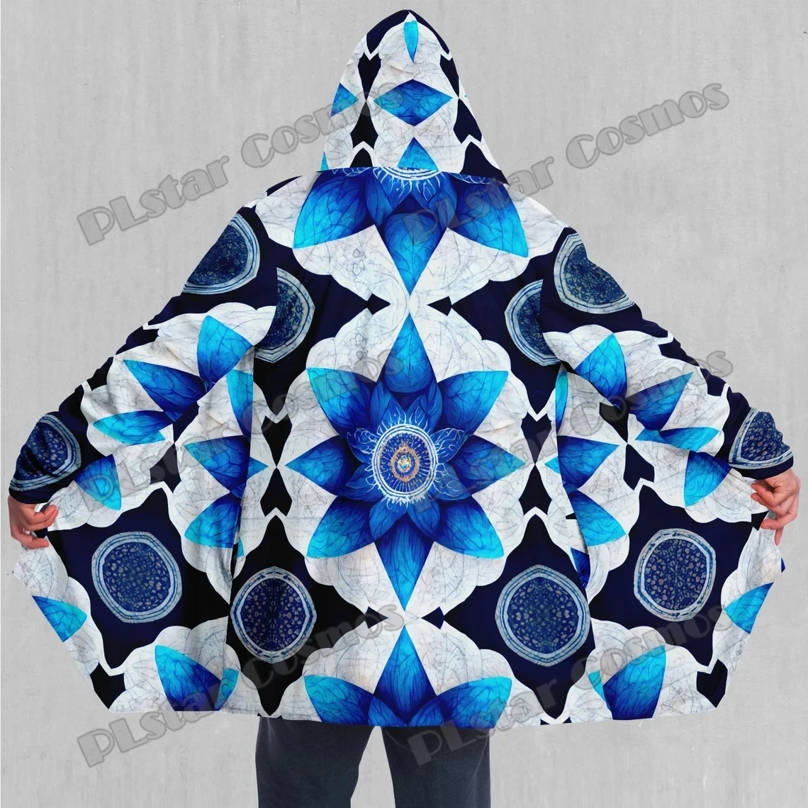 

Delphinium Mandala Psychedelic Pattern 3D Printed Men's Sherpa Lined Hooded Cloak Winter Unisex Casual Thick Warm Cape Coat DP74