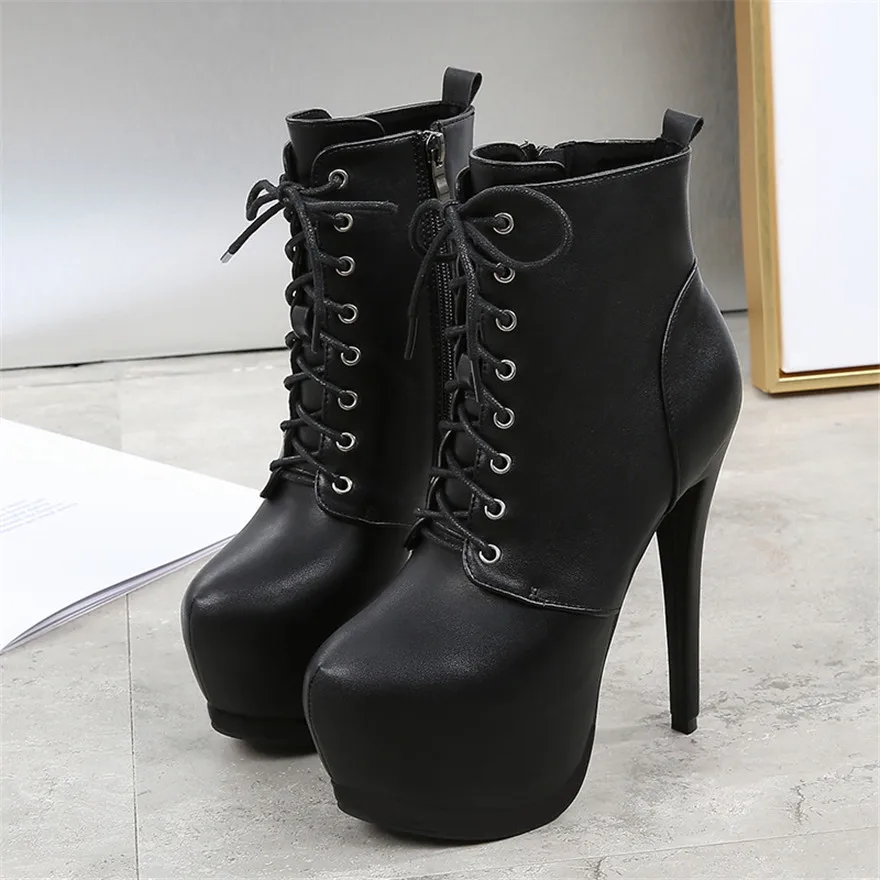 Sexy Super High Heels 15CM Party Boots Women Black Soft Leather Fashion Platform Ankle Boots New Pointy Toe Female Lace Up Shoes