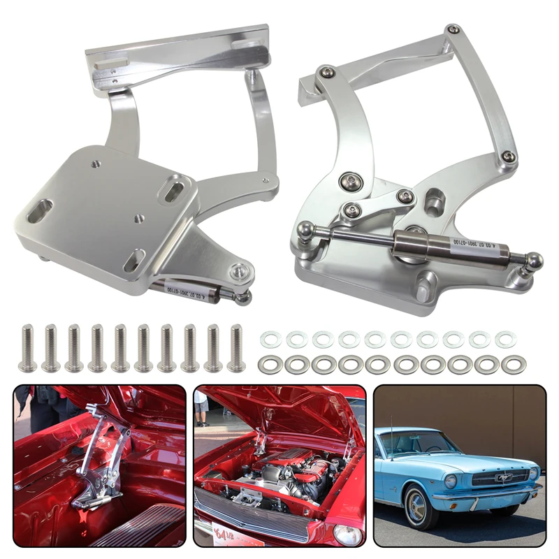 Aluminum Billet Hood Hinge Kit Pair Left and Right Side For 1964-1966 Ford Mustang/ Comet Falcon Fairlane 1964-1965 Silver