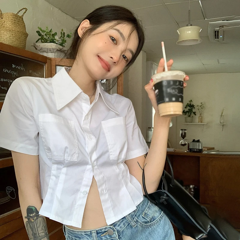 

Summer Basic Slim Fit White Shirts for Women Crop Tops Ulzzang Style Fashion Classic Students Short-sleeve Newly Chemise Femme