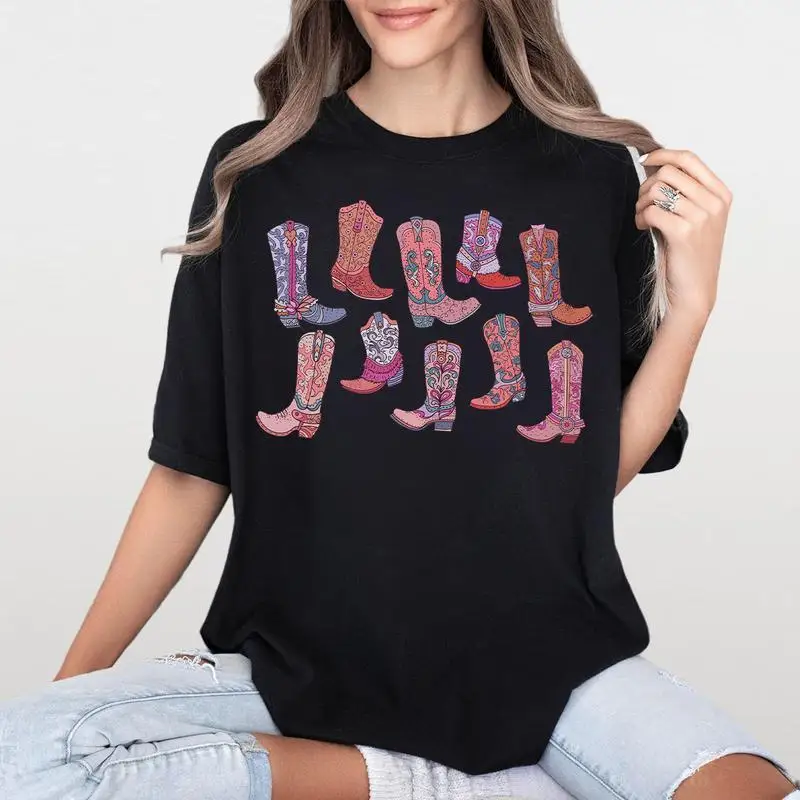 

Western Cowboy Boots T-shirt, Women's Vintage Boho Graphic Tee, Country Music Festival Outfit, Trendy Cowgirl Summer Top
