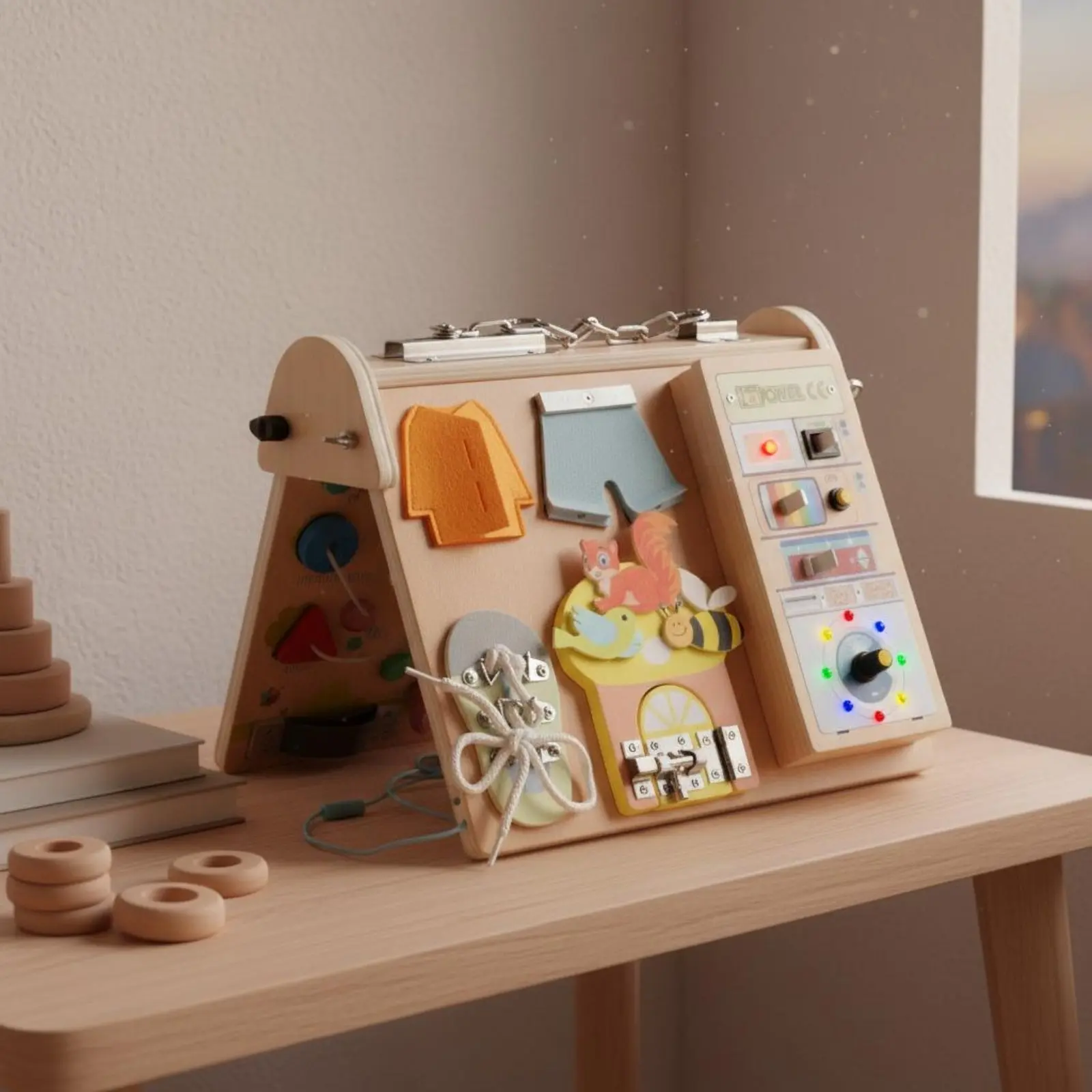 LED Busy Board Multifunction Fourall-in-Single Sensory Board Baby Toy Natural Wood-Safe Rounded Edges for Babies, Nursery
