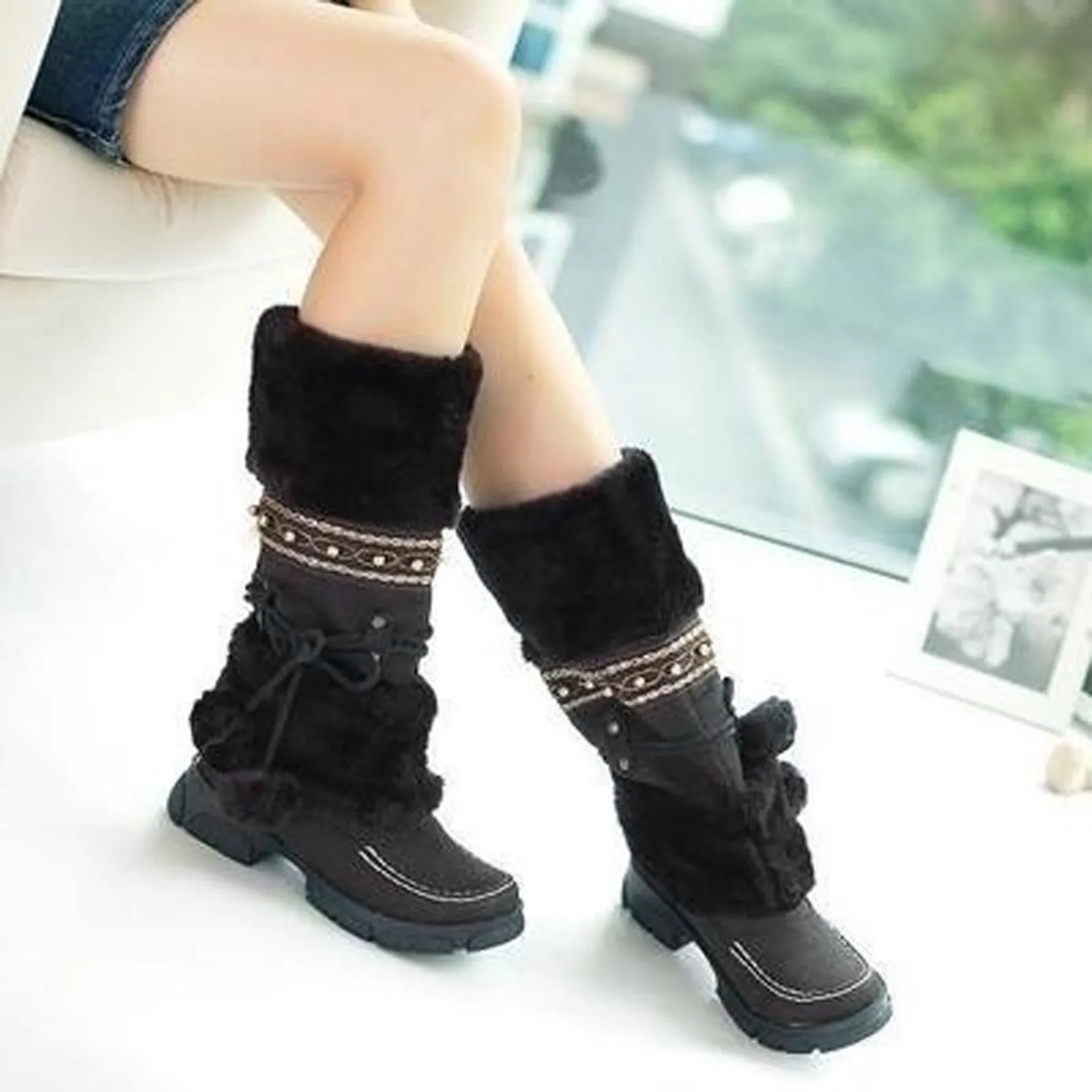 Winter Warm Thickened Fur Knee High Boots Fashion Warm Women Shoes Round Toe Low Heels Patchwork Vintage Botas Ladies Footwear