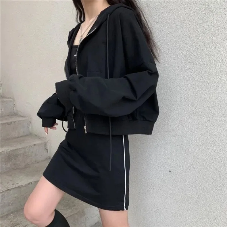 Short Hoodies Women Spring and Autumn Zip Cardigan Jacket Solid Color Hooded Long-sleeved Top Korean Fashion Sweatshirt