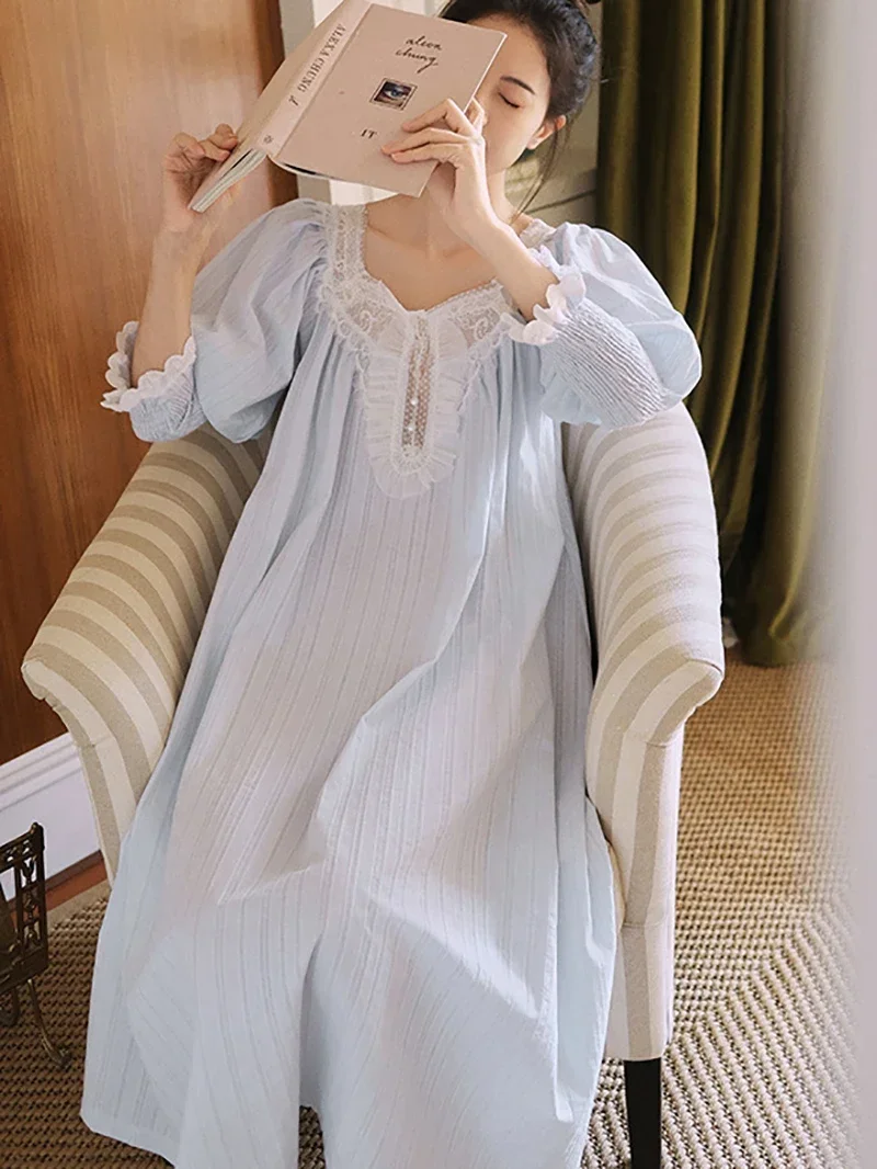 Women Pure Cotton French Fairy Pajama Nightdress Vintage Princess Long Sleeve Mesh Spring Autumn Victorian Nightgowns Sleepwear