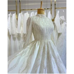 Luxury Beads Sequined Wedding Dresses Chic White High Collar A-Line Gowns Long Sleeves Draped Sweep Train Bridal Dresses