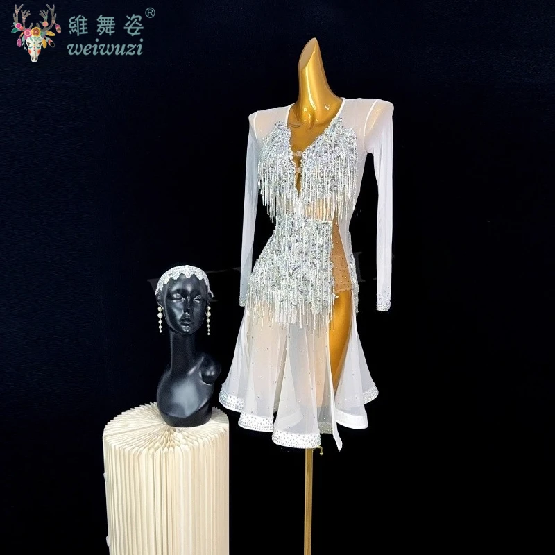 LatinDance Costume Rhinestone Women's High-end Custom White Mesh Fishbone Skirt Samba Tango Dance Professional Performance Dress