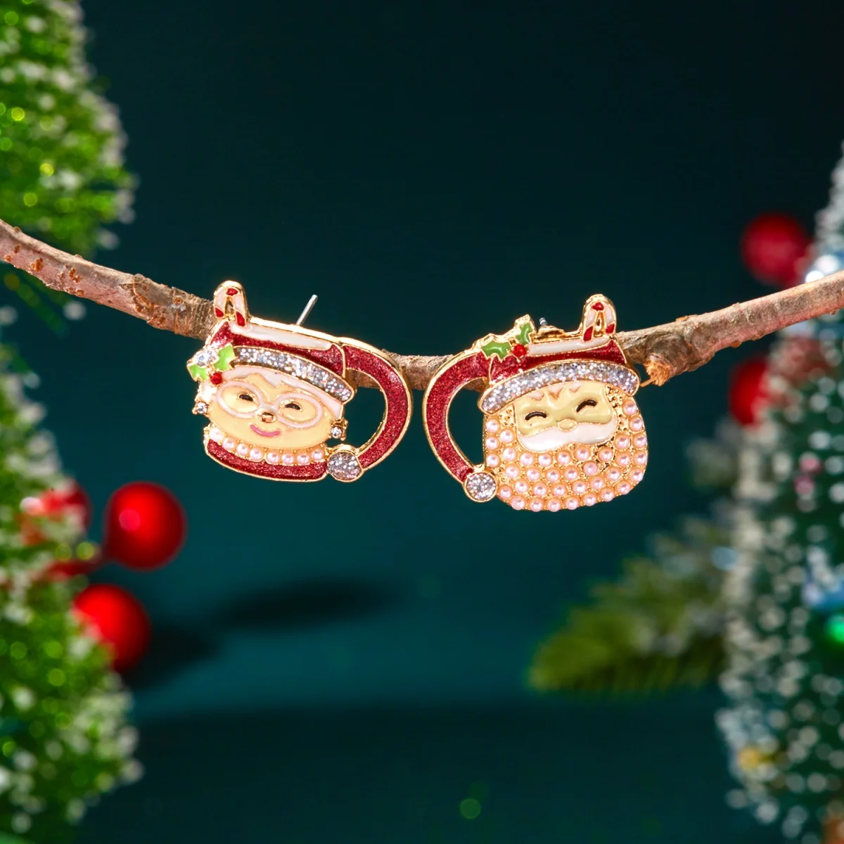 Christmas Earrings Teacup Colorful Rhinestone Santa Claus Couple Asymmetrical Stud Earring Holiday Jewelry Gift For Women Men
