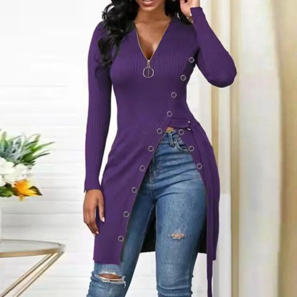 Chic Tunic Blouse  Mid-Length Slim Fit Women Blouse  Spring Autumn Solid Split Hem Tunic Blouse