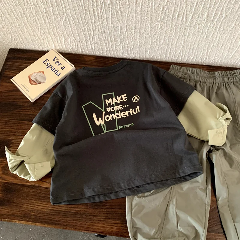 

Boys T-shirt 2025 Autumn Spring Fashion Trendy Versatile Faux Two Piece Letter Print Long Sleeve Base Layer Tops