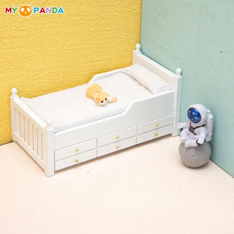 

1:12 Dollhouse Miniature Wooden Bed White European Single Bed with Drawer Bedroom Furniture Model Doll House Decor Accessories