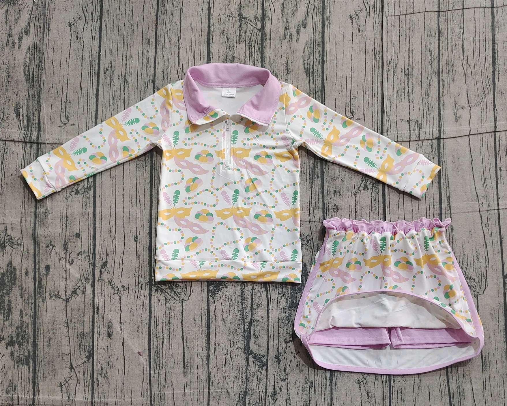 

Z1101-21 GLD1334 Kids Boutique Outfit Long Sleeve Top With Skirt Set Children Carnival Clothes