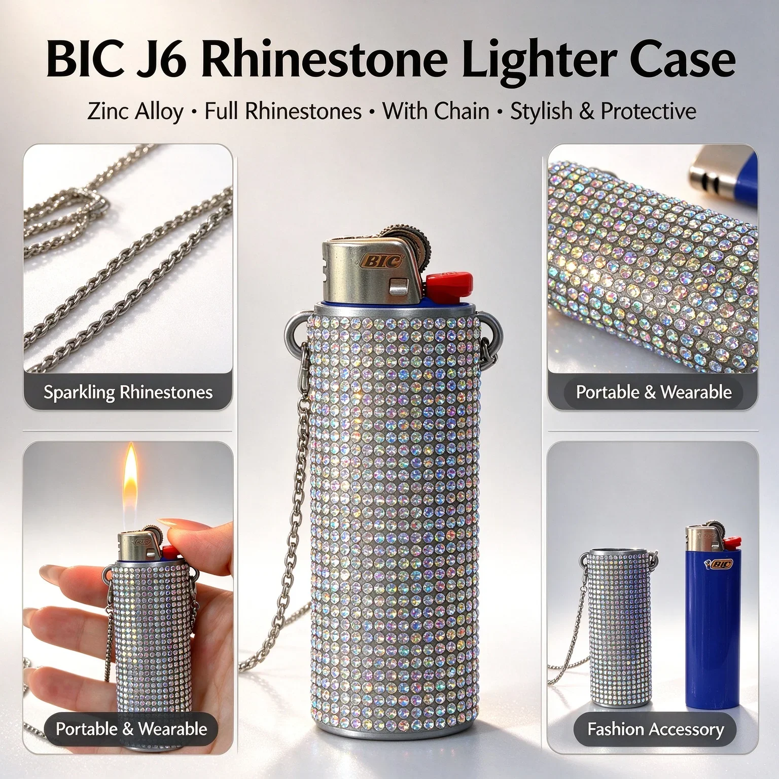 BIC J6 Lighter Case Zinc Alloy Full Rhinestone Lighter Protective Cover with Crossbody Chain Decorative Lighter Holder Gift
