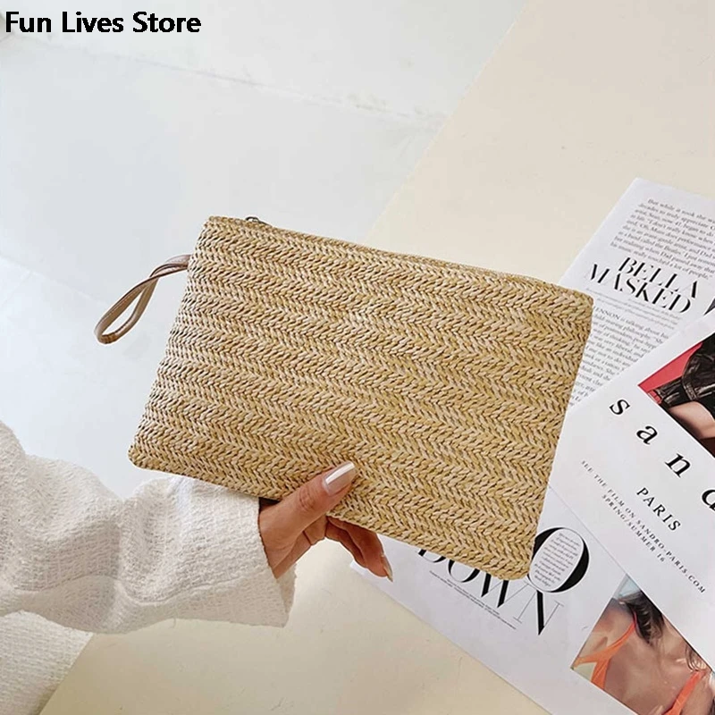 Straw Beach Bag Vintage Handmade Woven Shoulder Bag Raffia Square Rattan Purse Bohemian Summer Vacation Casual Bags Large Wallet