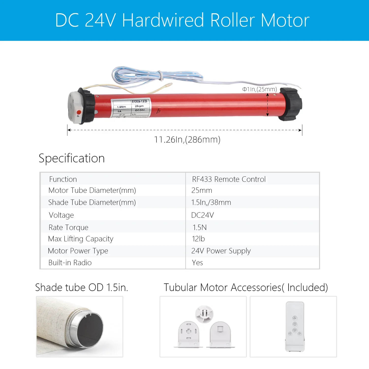 Kit de Motor Tubular Elétrico com Controlo Remoto, Persianas DIY, Tons, Rádio, DC, Persianas Inteligentes, Compatível, Sombra de 38mm, Tubeya, 24V