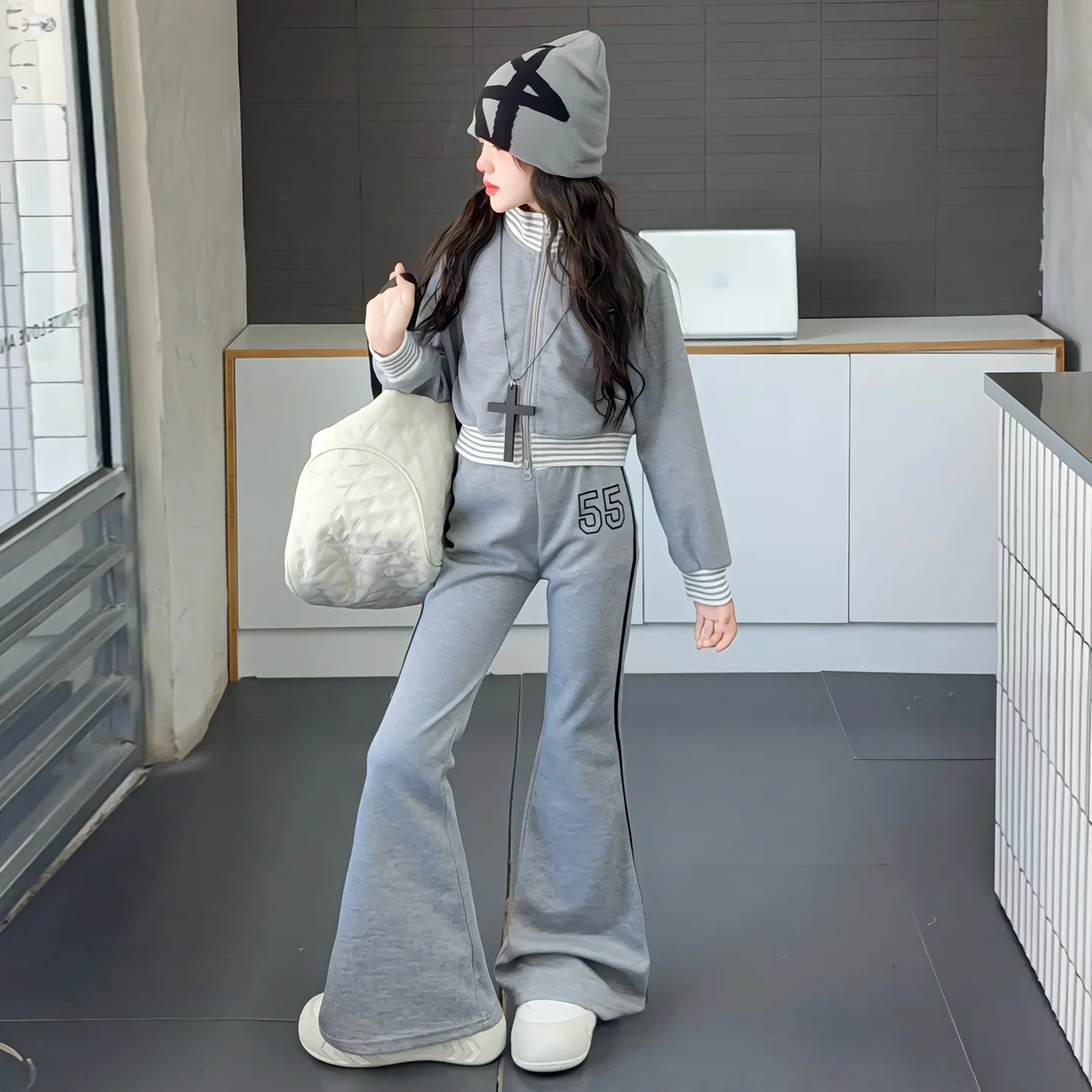 New Autumn Winter Teenager Kids Girl Children Set Cloth Jacket crop top sweatsh + bell-bottoms pants 4 8 9 10 11 12 14 15 Year