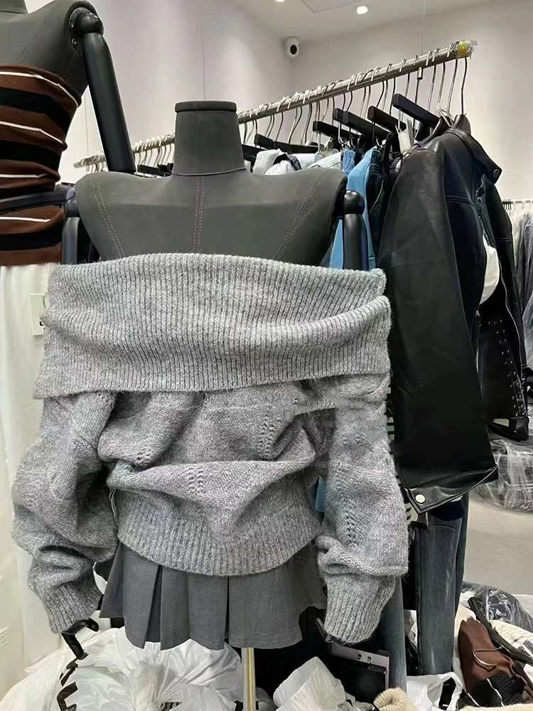 Sweter z dekoltem typu slash, dzianinowy, koreański, luźny, w stylu lazy, z odkrytymi ramionami, dzianina Y2K, jednolity kolor, uniwersalny, z długim rękawem, damski sweter