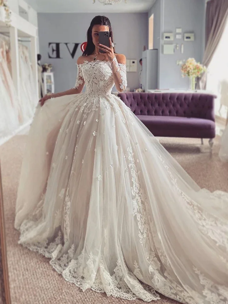 Elegante trouwjurk geborduurd kant op net met prinses baljurk boothals volledige mouw bruid vestido de novia aangepast