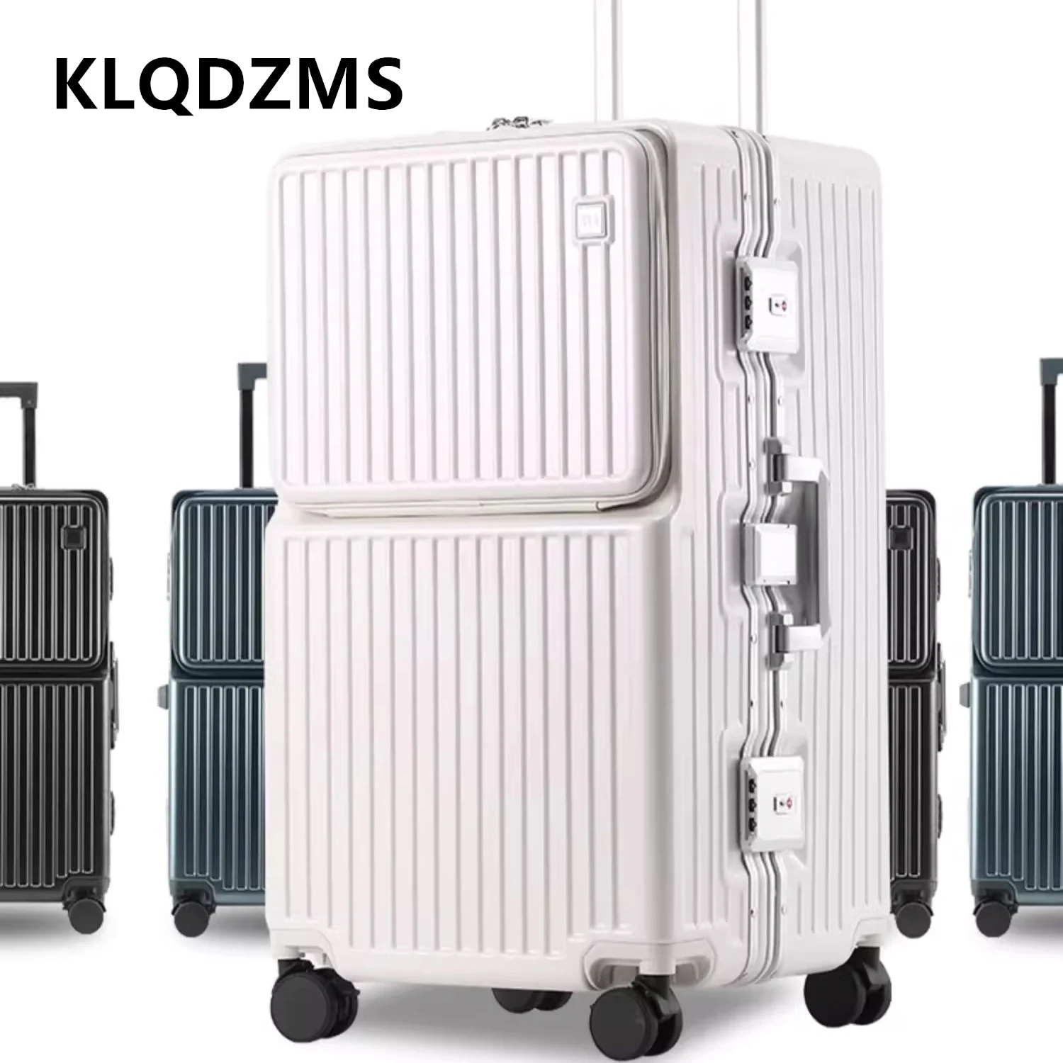 KLQDZMS USB Charging Suitcase Front Opening Aluminum Frame Trolley Case Large Capacity Password Box 26