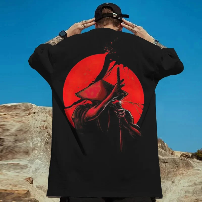 

Japanese Samurai Demon Mask Print T-Shirts For Men Summer Casual Street Trend Top Loose Oversized Short Sleeve O-Neck T Shirt