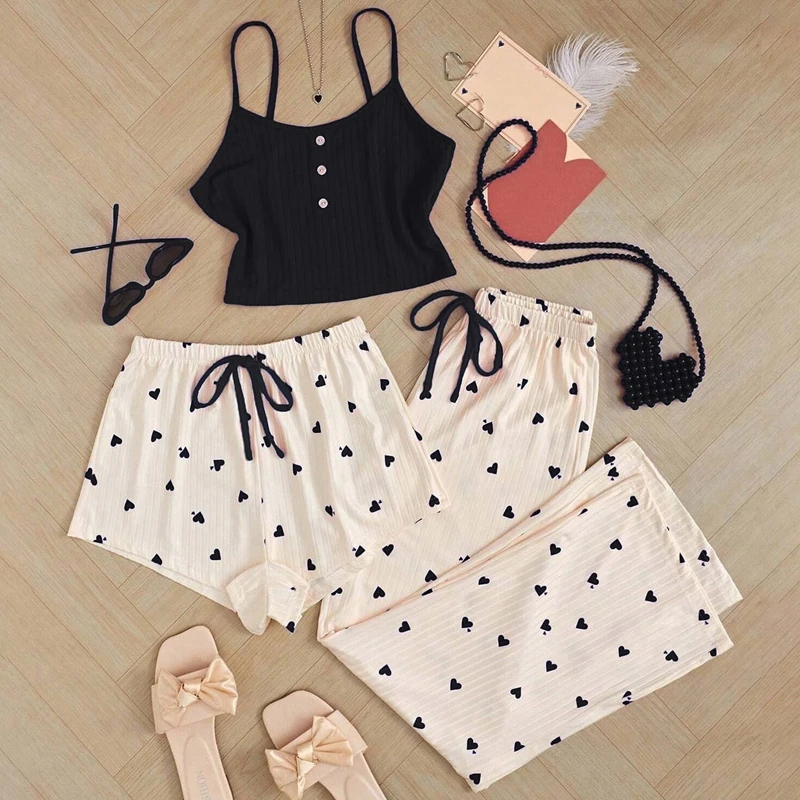 

Heart Print Vest 3Pcs Pajama Set Sexy Spaghetti Strap Cami Top Bow Decor Shorts And Long Pants Fit Summer Sleepwear Homewear Pjs