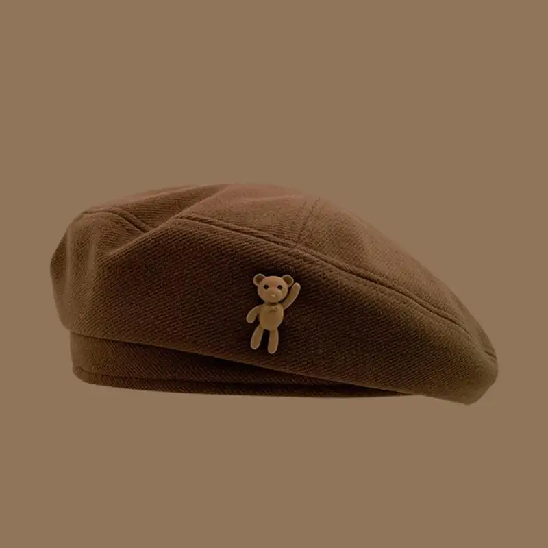 R1WE สไตล์อังกฤษ ศิลปินหมวกฟักทอง Stereoscopic หมี Decors หมวกฤดูหนาว