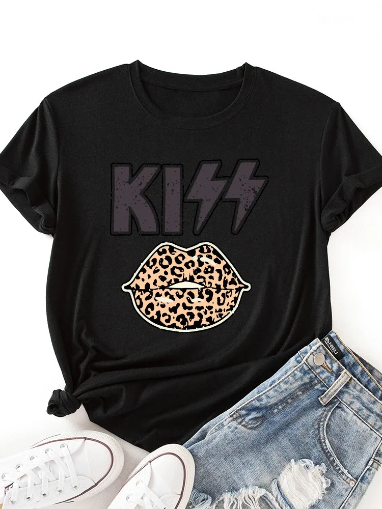 

Kiss Leopard Lip Print T Shirt Women Short Sleeve O Neck Loose Tshirt Summer Women Tee Shirt Tops Clothes Camisetas Mujer