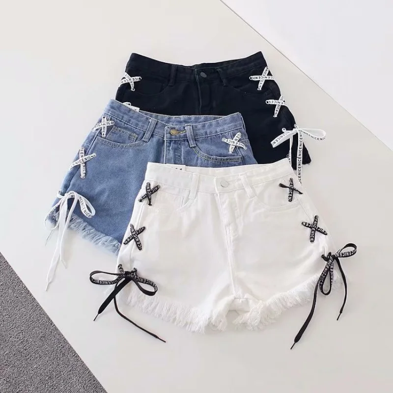 Summer plus Size Frayed Lace-up Denim Shorts Women's Korean-Style High Waist Student Loose Slimming and All-Matching Wide Leg Ho