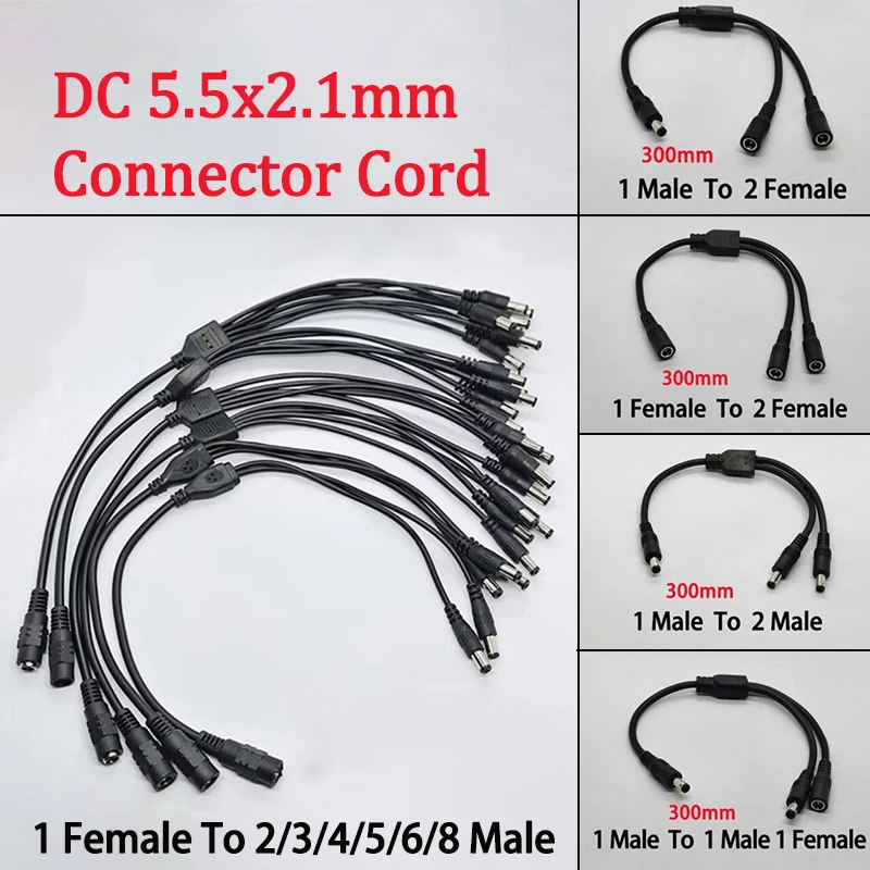 1PC Male/Female 1 To 2/3/4/5/6/8 Way 5.5x2.1mm DC Power Adapter Cord For LED Strip Lights Closed-circuit Television Cameras