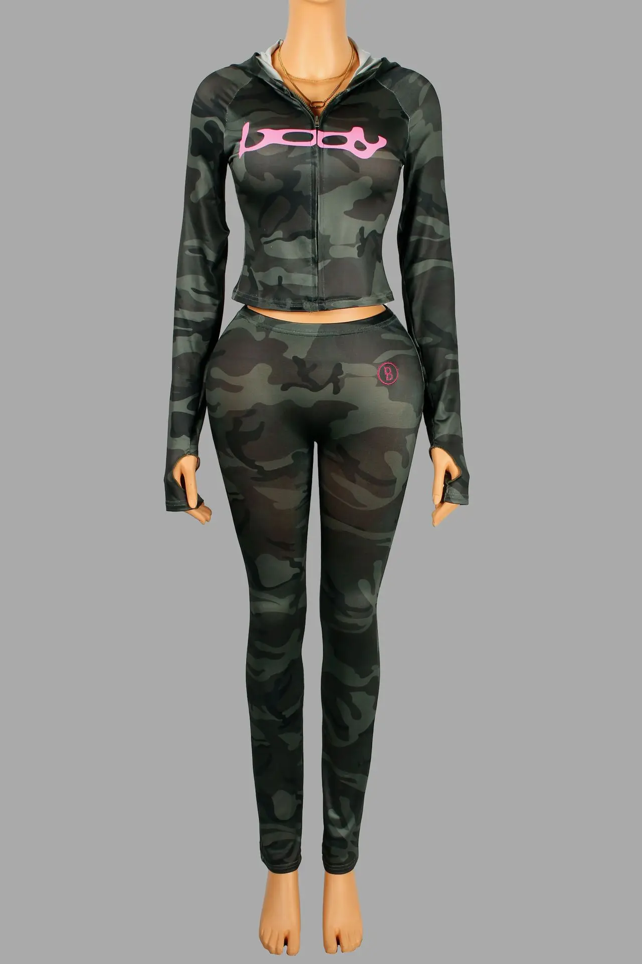 スタイリッシュレディ レターレオパードプリント スポーツ2ピースセット レディース 長袖ジッパー付きトップス＆スキニーパンツスーツ 2025秋コーデ