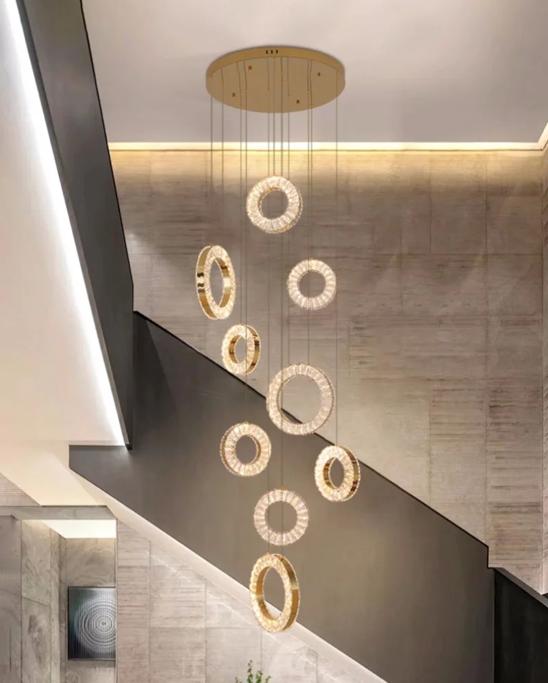 Led Crystal Staircase Chandeliers Modern Rings Hanging Ceiling Lamps Luxury Home Decor Light Fixture Long Cristal Kitchen Lustre