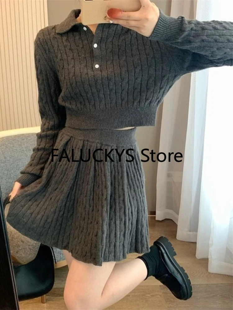 Elganet Vintage Skirt 2 Piece Set Weomn Evening Party Y2k Swaeter + Office Lady Causal Mini Skirt Korean Fashion 2023 Autumn