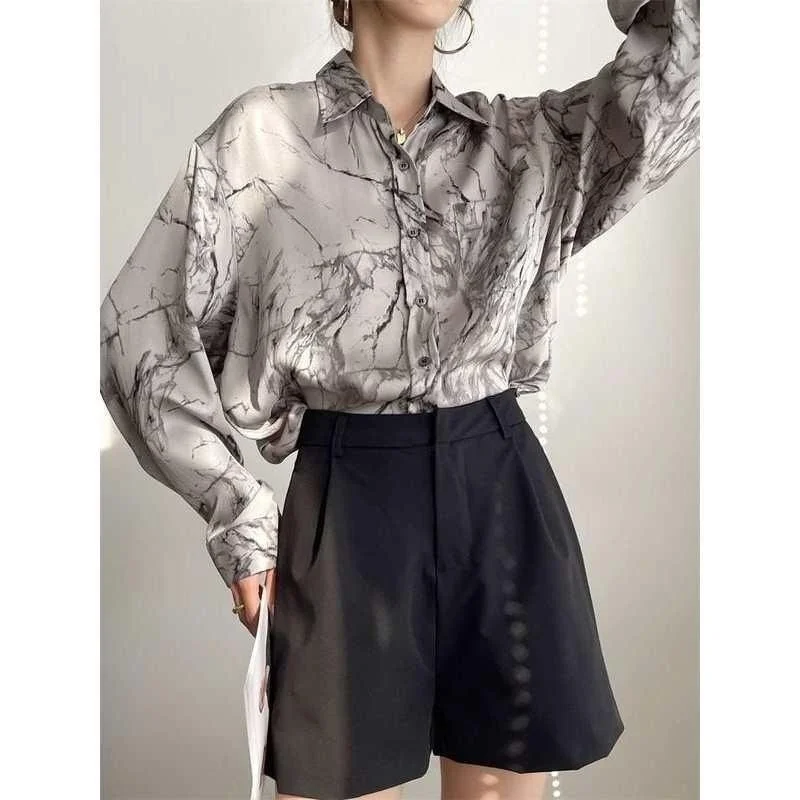 

Mengzi Xigang Style Retro Longsved Shirt for Women Summer Casual Polyester Fiber Thin Long Sleeve Flip Collar Polyester Fiber