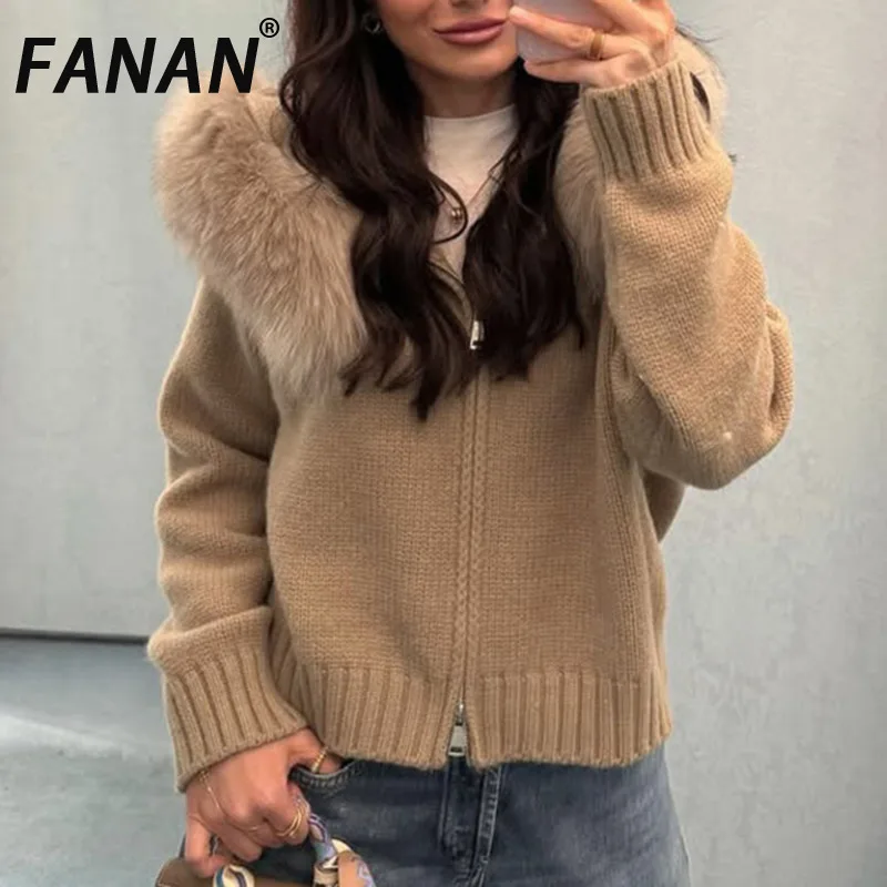 

FANAN Winter Female Sweater Hoodie Cardigan Fluffy Zipper Patchwork Long Sleeve Ribbed Solid Knit Jacket Coat Women's Warm Coats