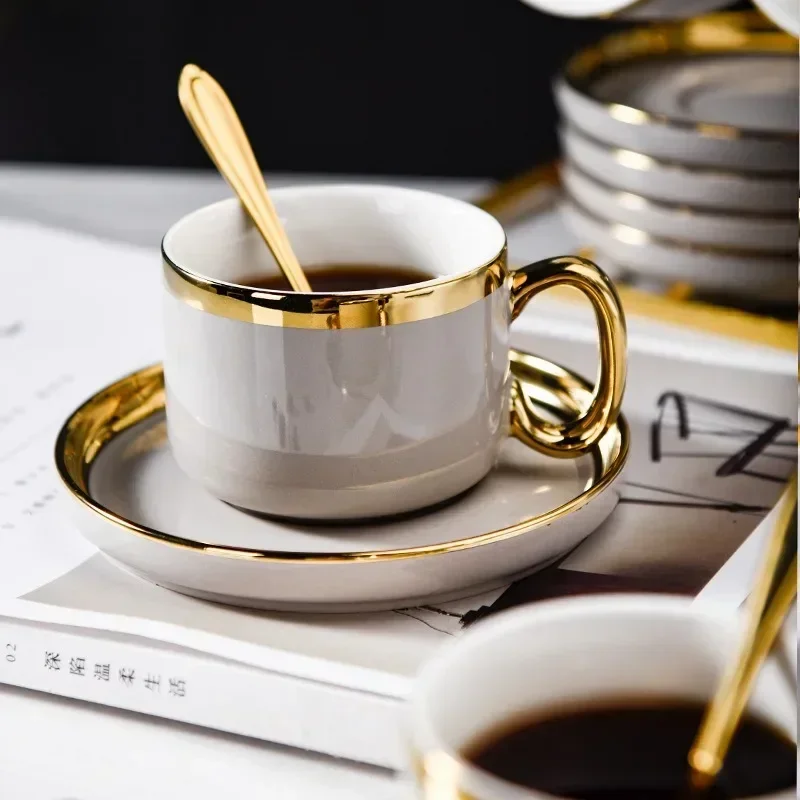 

European Small Luxury Coffee Cup Set with Tray Office Coffee Cup Saucer Gold Rim Afternoon Tea Cup Saucer Spoon Home Tableware