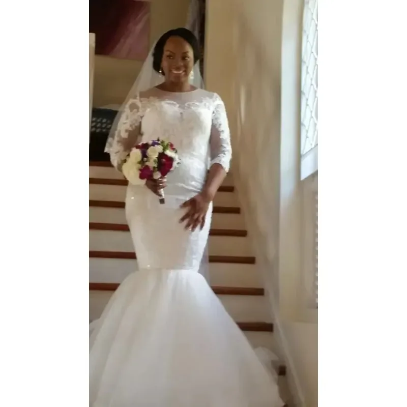 Customized Fashion Mermaid Wedding Dresses Lace Pearls 3/4 Long Sleeve Sheer Neck African Plus Size Bridal Gowns Custom Made
