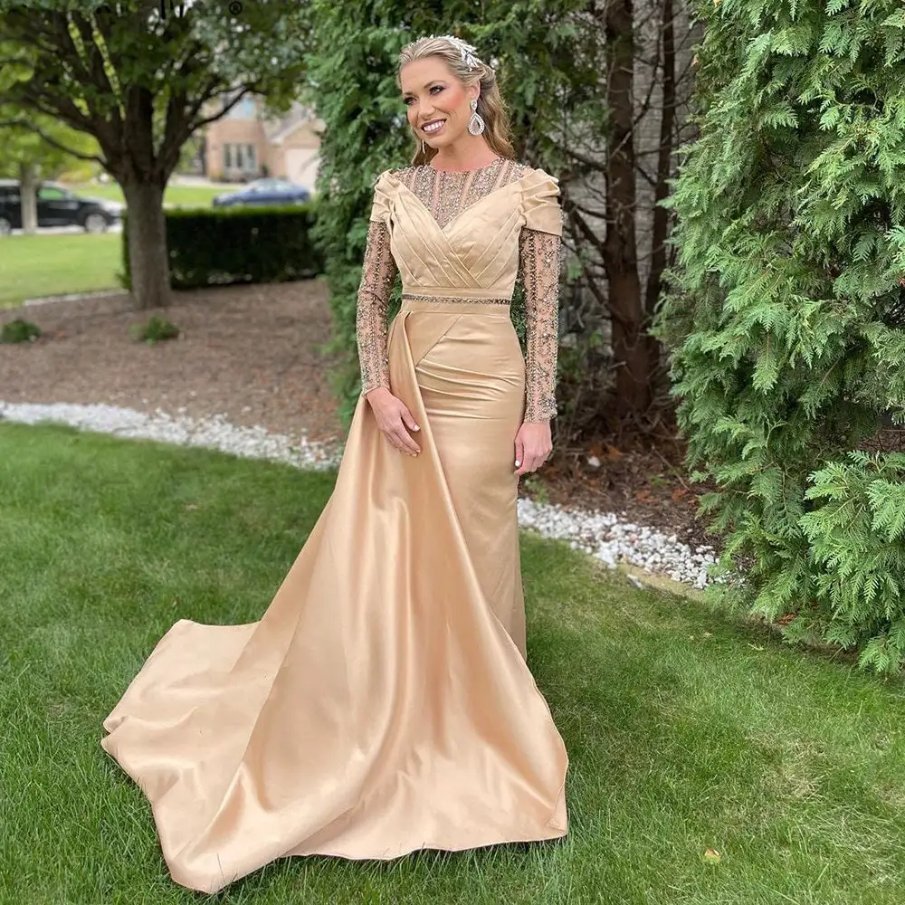 Hot Selling Gorgeous Beaded Long Sleeve Satin Mermaid Mother of the Bride Dresses Elegant Arabian Style Gowns Wedding Party 2024