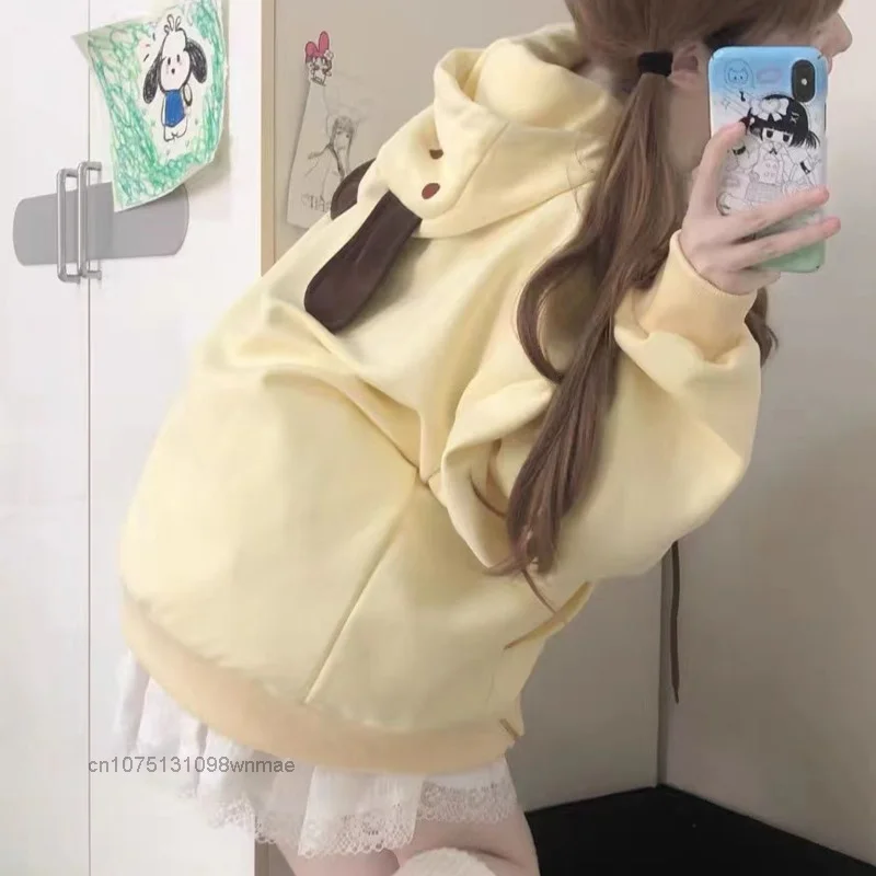 Sanrio Pom Pom Purin Hooded Zipper Sweaters Y2k Long Sleeve Coat with Cute Long Ears Hat Women Autumn Casual Loose Sweet Hoodie