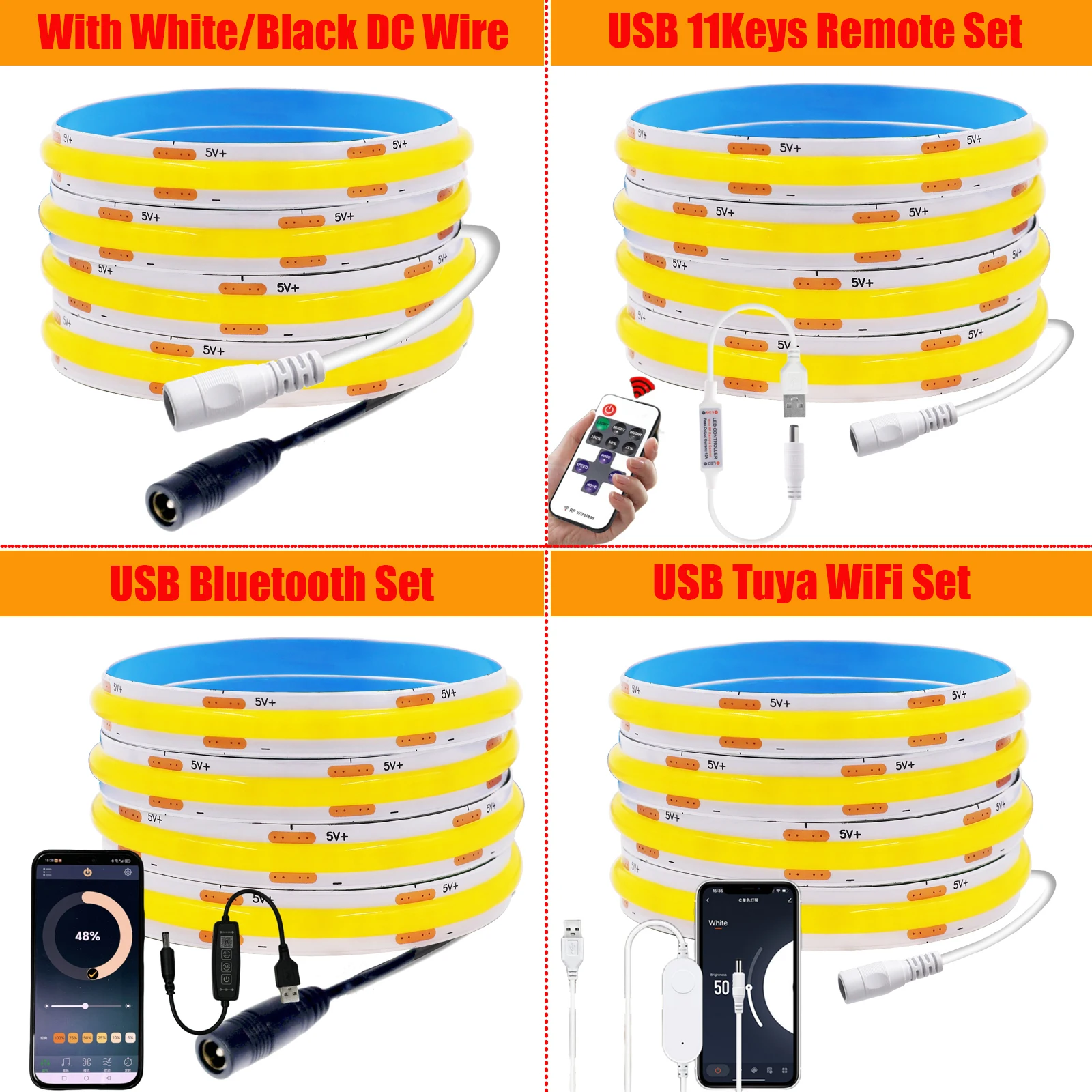 5V USB COB LED Strip Tuya WiFi/Bluetooth/17Keys Remote/DC Wire Flexible LED Tape Ribbon with Adhesive Rope Light Backlight Decor