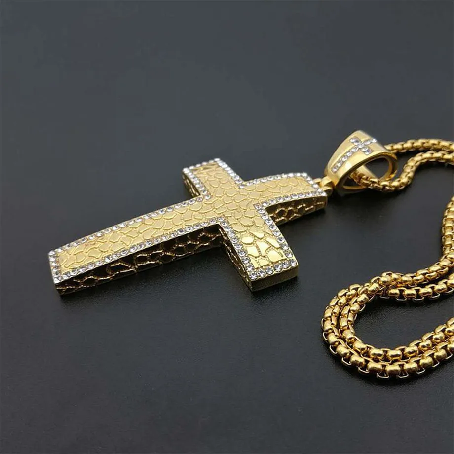 Hip Hop Heavy Large Big Cross Pendant Necklace Christmas Gift Gold Color Stainless Steel Iced Out CZ Bling Christian Jewelry