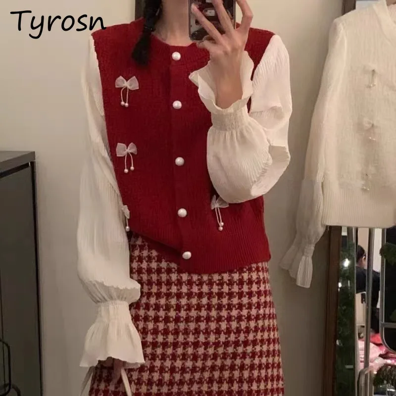

Cardigans Women Bows Patchwork Lantern Sleeve Pearls Sweet Lovely Fresh Streetwear Design Chic Retro Korean Style Autumn Fashion