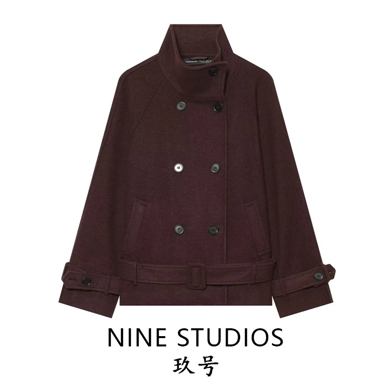 NINE ZAR Women's Design Sensation Button up Stand Collar Oversized Jacket Coat Top 1355867 Woolen Fabric Long Sleeve Winter O...