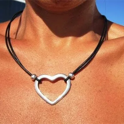 1 Pc Trendy Heart Design Fashion Black Leather Rope Silver Color Necklace Men Women Couple Party Date Gitf Jewelry