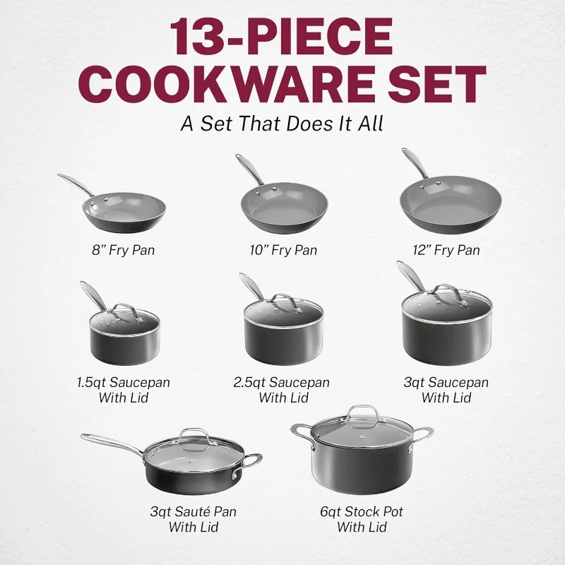 13 Pc Ceramic Pots and Pans Set Non Stick, Kitchen Cookware Sets, Pot and Pan Set Nonstick, Anodized Non Toxic Ceramic Cookware