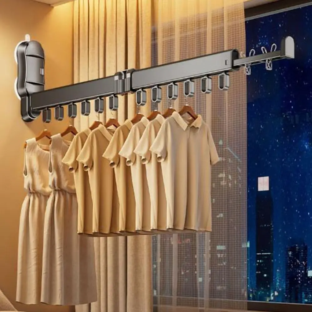 

Aluminum Alloy Folding Clothes Rack Wall Mounted Windproof Telescopic Clothes Drying Rod Space Saving with Suction Cup