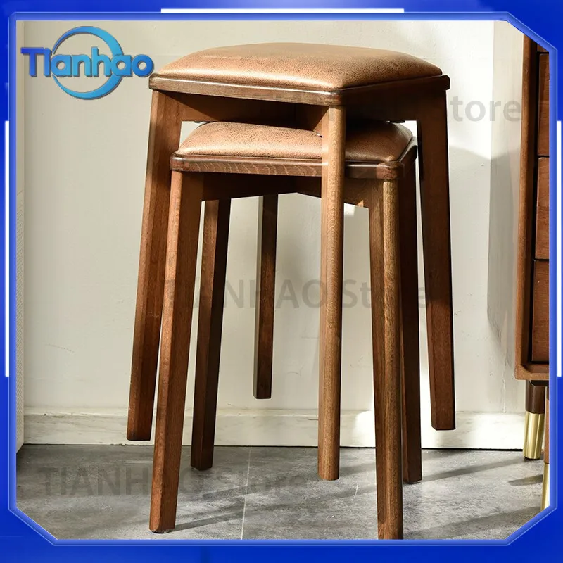 Stackable Solid Wood Upholstered Stool for Home Use Entryway Shoe Changing Stool Kitchen Dining Comfortable Small Stool