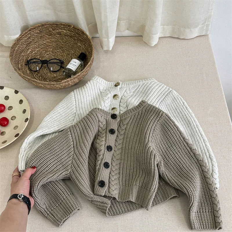 

2025 New Autumn Winter Children Knitted Sweaters Korean Style Solid Color Cardigan Tops Baby Girls Casual Sweater